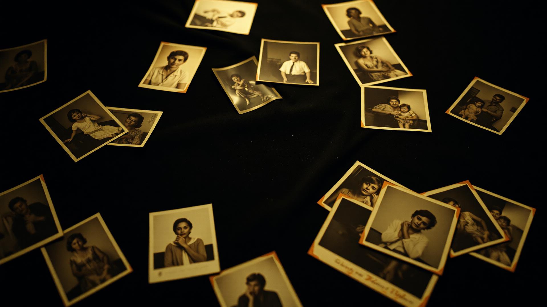 Fotografias antigas de família sobre veludo escuro
